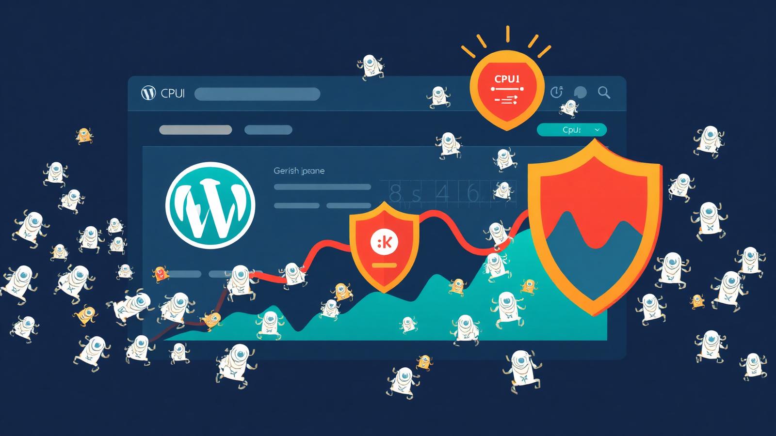 Illustration of AI crawler bots overwhelming a WordPress dashboard with a CPU spike graph and a security shield blocking them