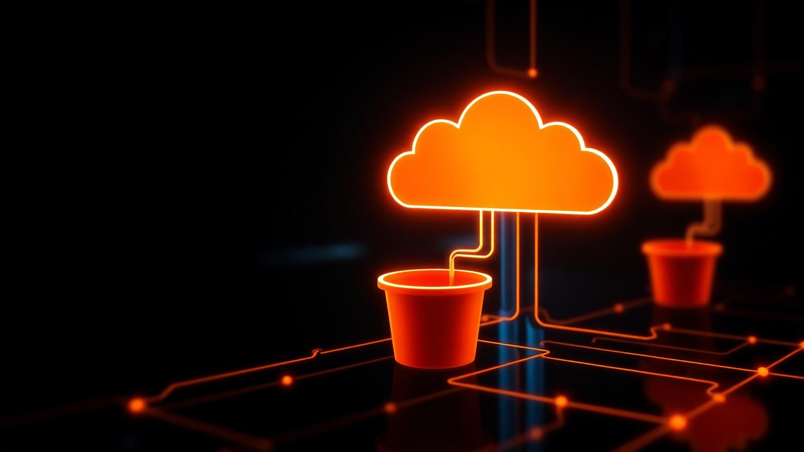 Glowing orange cloud and storage bucket on a circuit board representing Cloudflare R2 object storage for WordPress