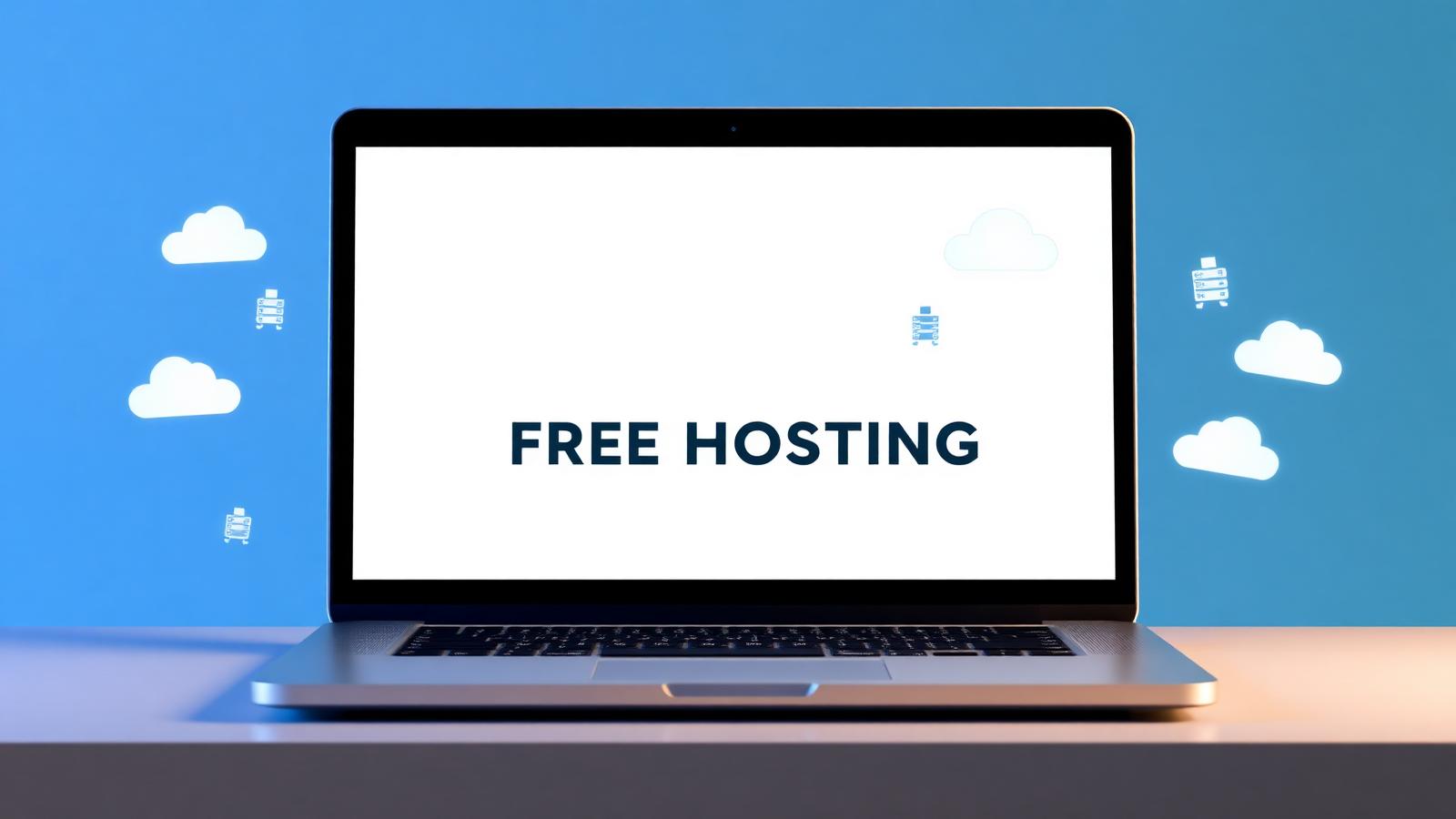 Laptop showing a free website hosting dashboard with cloud and server icons