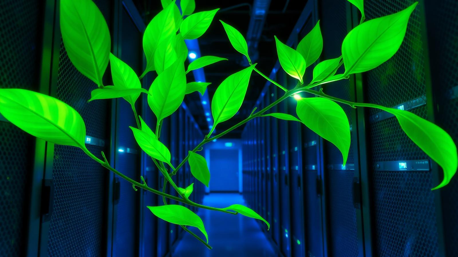 Green leaves growing through a row of dark blue data center server racks symbolizing sustainable green web hosting