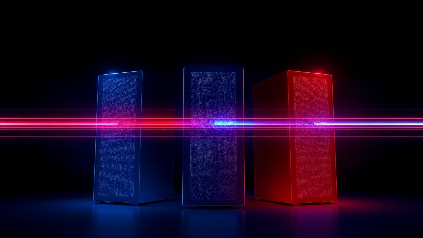 Three glowing server towers in a dark room representing a Hetzner, DigitalOcean and Vultr WordPress benchmark