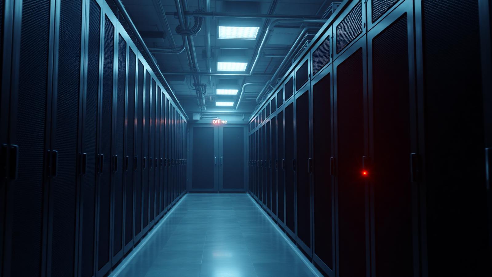 Empty data center hallway with one offline red status light symbolising a hosting provider outage