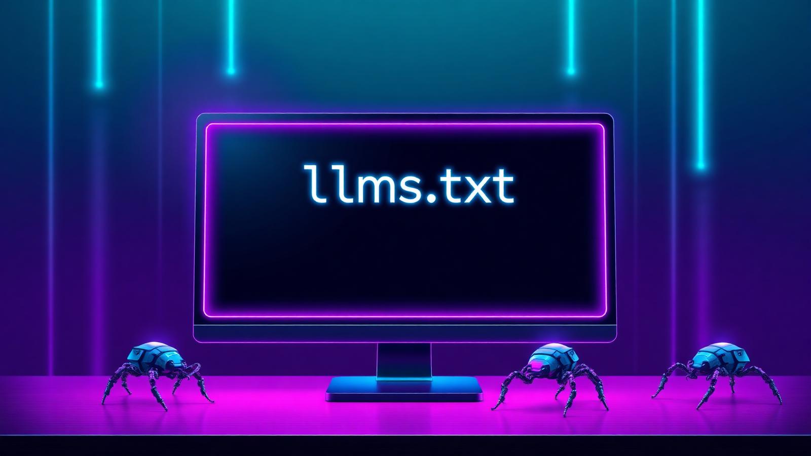 llms.txt file glowing on a monitor with AI crawler bots around it