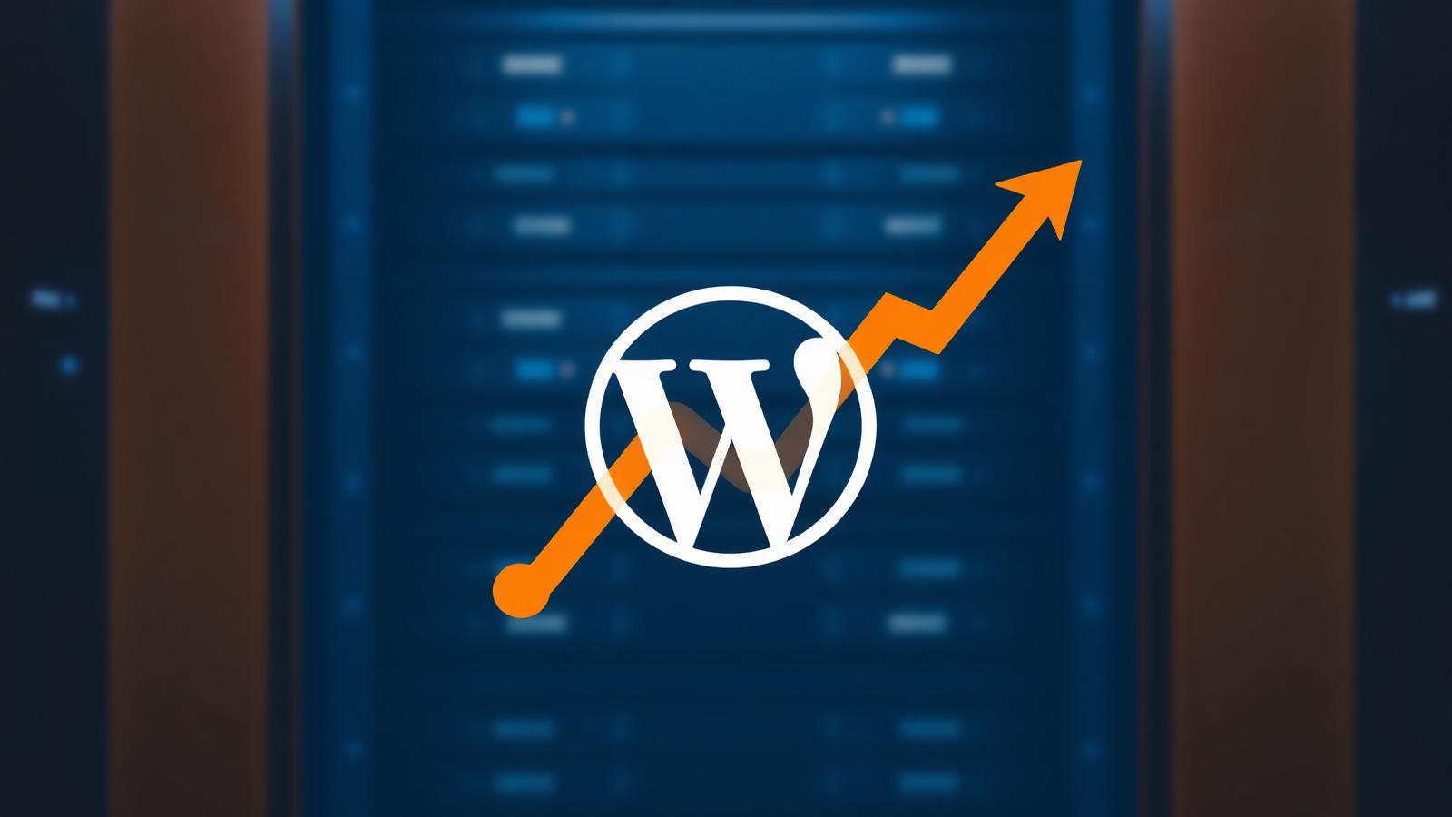 WordPress logo with rising performance arrow over server racks representing the WordPress 6.9 and PHP 8.5 upgrade