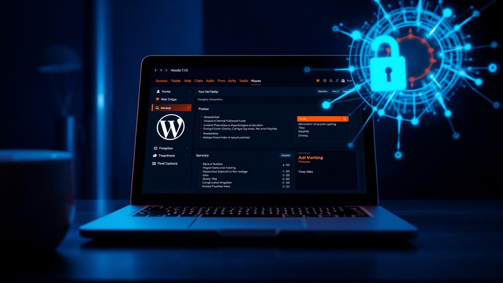 WordPress 7.0 dashboard with AI neural network overlay and security padlock warning